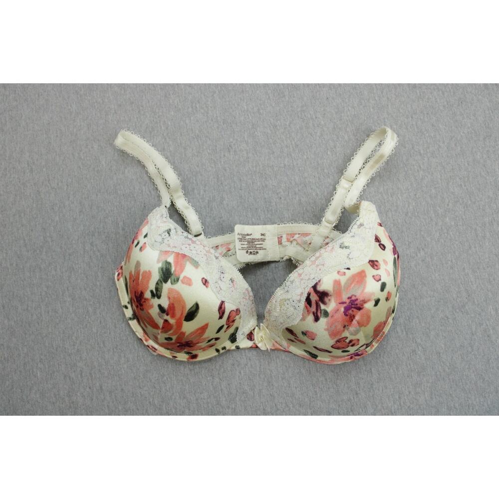 Ambrielle Bra 34C Push Up Padded Underwire Strap Floral Satin‎ Lace